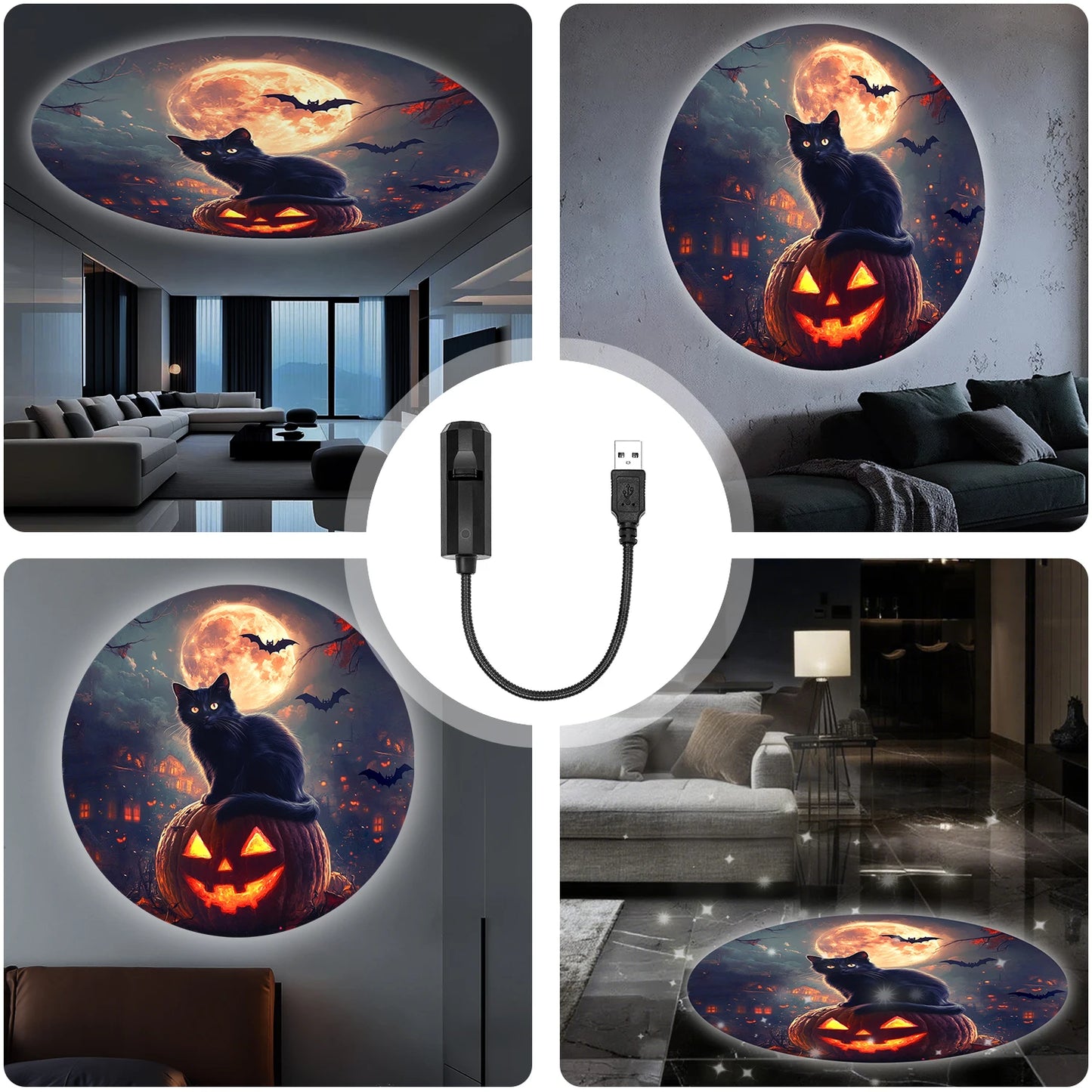 Moon Black Cat Projector Lamp – 360° Halloween Light