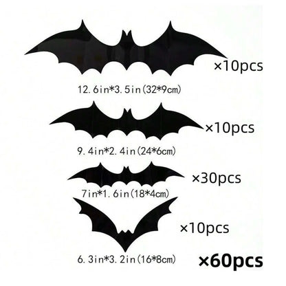 60pcs 3D Black Bat Wall Décor – Waterproof Halloween Decoration