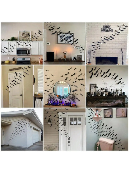 60pcs 3D Black Bat Wall Décor – Waterproof Halloween Decoration