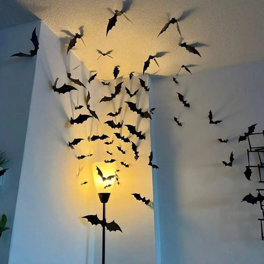 60pcs 3D Black Bat Wall Décor – Waterproof Halloween Decoration