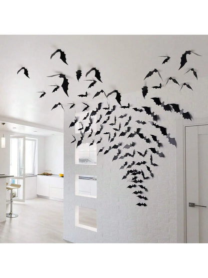 60pcs 3D Black Bat Wall Décor – Waterproof Halloween Decoration