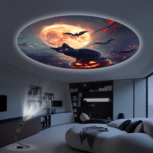 Moon Black Cat Projector Lamp – 360° Halloween Light