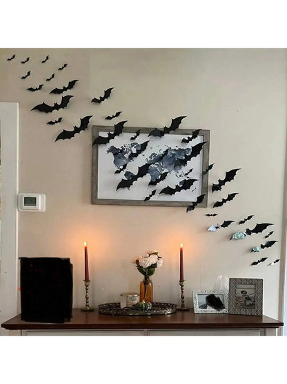 60pcs 3D Black Bat Wall Décor – Waterproof Halloween Decoration