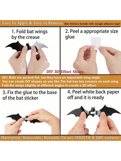 60pcs 3D Black Bat Wall Décor – Waterproof Halloween Decoration